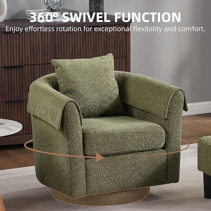 Green Swivel Accent Chair with Ottoman 360° Barrel Chairs with Foot Stool Comfy Reading Chair with Removable Pillow &amp 2 Armrest Covers for Living Room Small Spaces Bedroom Chenille Fabric (Gree