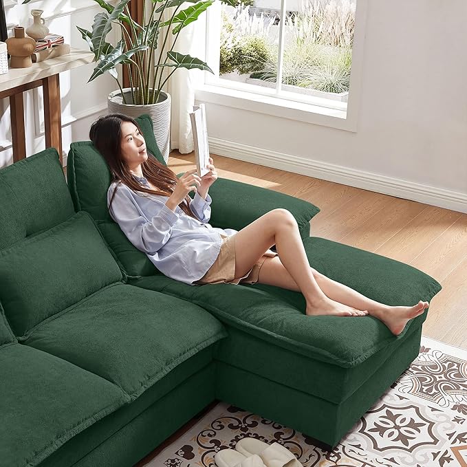 110 Convertible Sectional Sofa U Shape Cloud Couch Comfy Couches with Double Chaise and Sleepable Armrests 4 Seats Sectional Couches for Living Room Green