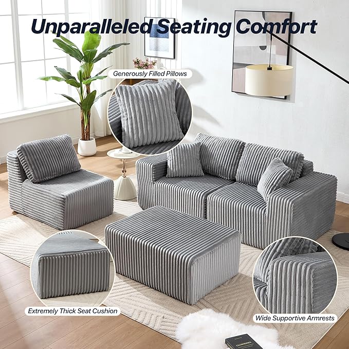 101.5'' Modular Sectional Sofa Cloud Sectional Couch with Deep Seat Comfy Fluffy L Shaped Couches Memory Foam Sofa with 1 Ottoman Corduroy Boneless Couch No Assembly Required Light Gray