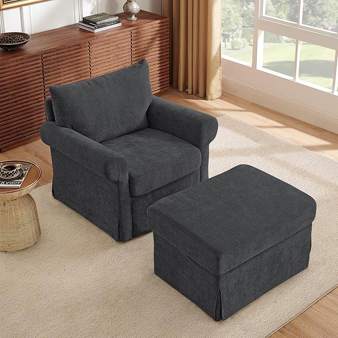 35.8 Accent Chair with Ottoman Set Comfy Chenille Armchair with Rolled Arms Modern Single Reading Chair for Living Room Bedroom Apartment Grey
