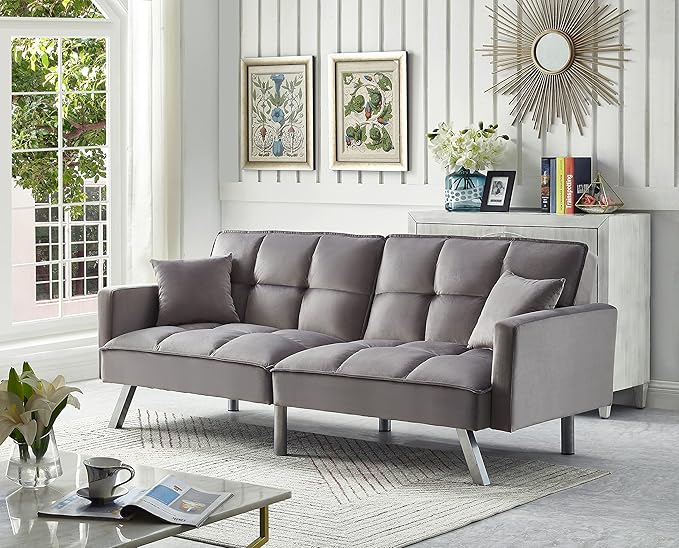 Legend Vansen 80'' Velvet Love seat Convertible Futon Two Pillows Sleeper Couch with 3 Adjustable Backrests Sofa Bed Large Sleeping Area Sofabed Grey
