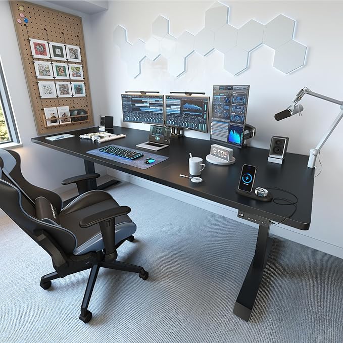 FEZIBO 83 x 37 Inch Standing Desk with Integrated Dual-Beam Height Adjustable Computer Desk Sit Stand Desk for Home Office Workstation 1 Thick Large 3-Piece Desktop Black