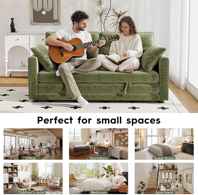 65 Convertible Folding Sofa Bed Pull Out Couch Love Seat Sleeper Bed Small Fold Out Loveseat Sleeper with Cup Holder and Pillow for Small Space Bedroom Lounge Dorm Living Room(Green)