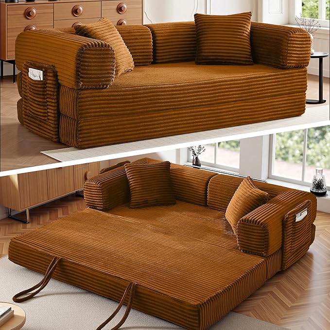 Boneless Couch Futon Sofa Bed Sectional Couches for Living RoomCloud Couch with Sleeper SofaSofas for Living Room Oversized Corduroy Upholstered (Orange 81 Inches (with Iron Frame))
