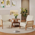 Aklaus Mid Century Accent Chair Set of 2 with Rattan Armrest Upholstered Living Room Chairs Lounge Fabric Reading Chairs Side Sitting Farmhouse Chair for Living Room Bedroom Balcony Beige