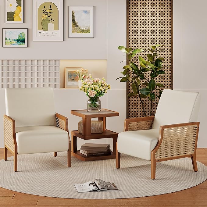 Aklaus Mid Century Accent Chair Set of 2 with Rattan Armrest Upholstered Living Room Chairs Lounge Fabric Reading Chairs Side Sitting Farmhouse Chair for Living Room Bedroom Balcony Beige