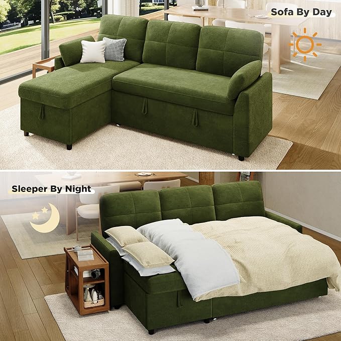 VanAcc Sleeper Sofa Sofa Bed with Storage Chaise Convertible Sofa Bed with Pull Out Couch l Shaped Couch for Living Room Linen Green