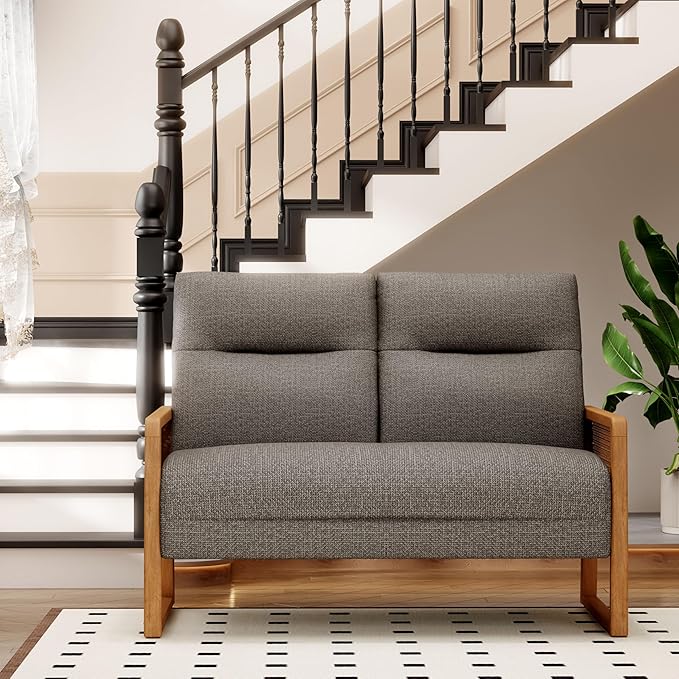 Modern Loveseat Bench Couch with Natural Rattan Arm Upholstered Linen Small Love Seat Sofa 2-Seats Living Room Couch Settee Comfy Lounge Recliner Chair-Taupe
