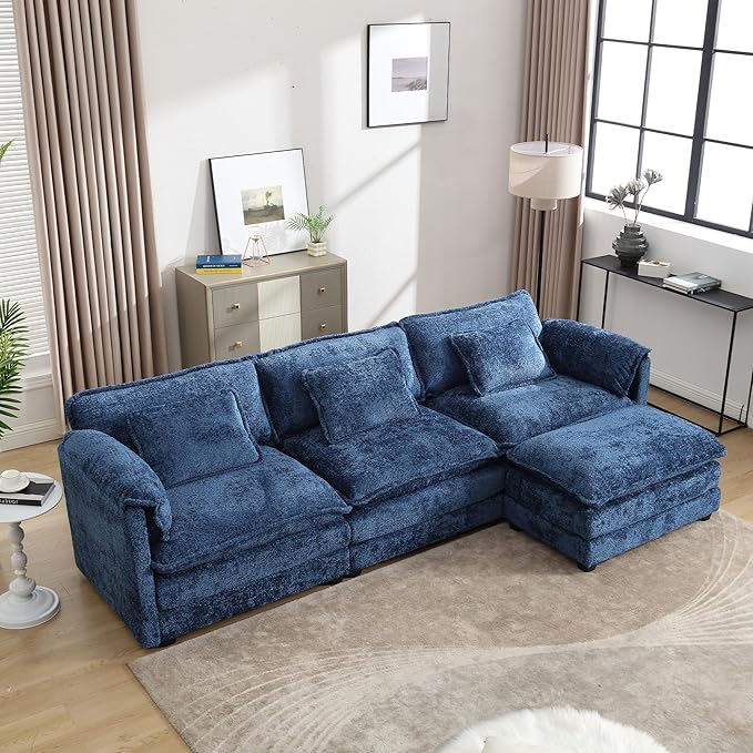 Modular Sectional Sofa Cloud Couch 112 L-Shape Sofa Chenille Comfy Upholstered with Removeable Ottoman and 3 Pillows for Living Room Navy