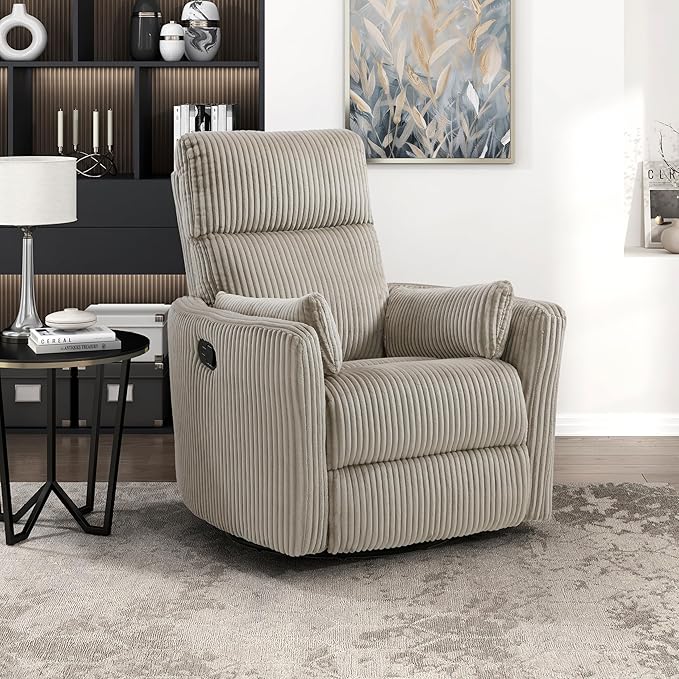 Lexicon Modern Swivel Glider Recliner Chair Nursery Glider Corduroy Fabric Upholstery Recliner with 2 Lumbar Pillows Manual Reclining Sofa Chair for Living Room/Office/Apartment Taupe