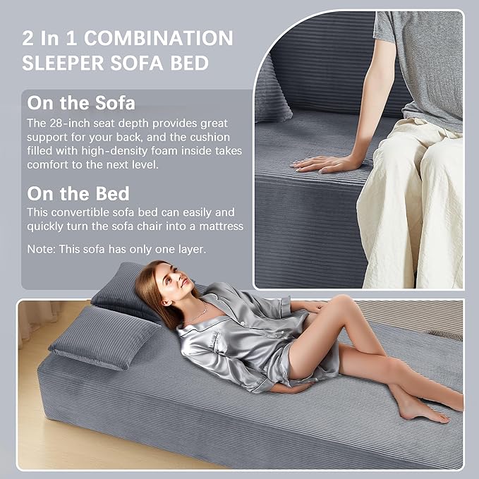 83 Modern Sofa in a Box No Assembly Oversized 3 Seater 28 Deep Seat Cloud Sofa Bed Couch with 4 Furry Pillows &amp Corduroy Fabric Boneless Couch with Side Storage Pockets for Living Room Dark G