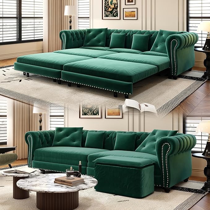 3-in-1 Pull Out Sofa Bed - 89 King Size Convertible Sleeper Sofa Large Velvet 3-Seater Sofa with Movable Ottoman Sleek Rivet Detailing Tufted Design Pull Out Couch (Green)
