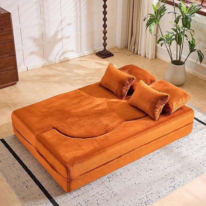 Tai Chi Symbol Loveseat Sofa Curved Yin-Yang Design Dual-Depth Meditation Couch 66.9 Chenille Modular for Small Spaces 300 lbs Capacity (Orange+4 Pillows)