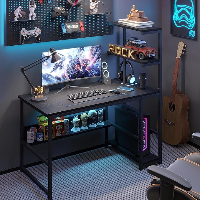 L-Shaped Computer Desk with 4-Tier Storage Shelves 43 inch Writing Desk with Bookshelf for Home Office Reversible Corner Gaming Desk for Bedroom Black (Black)