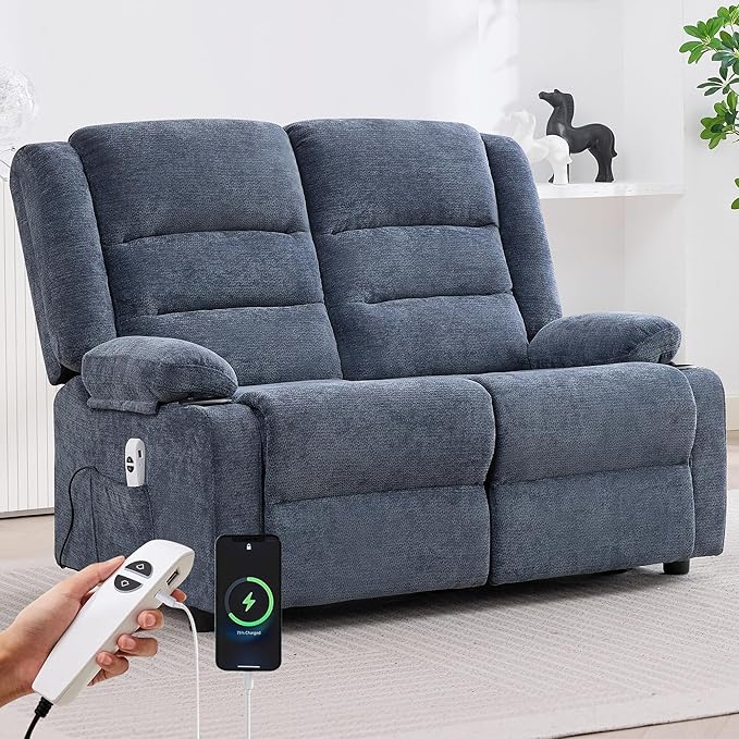 52Inch Power Loveseat ReclinerElectric Reclining Loveseat SofaAdjustable Love seat Recliner Sofa for Living RoomBedroom with Charging Ports(Blue loveseat)