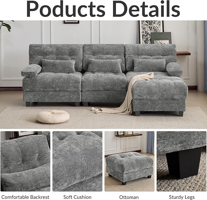 93 3+1 Seater Sofa with Ottoman - 4-Position Adjustable Backrest 350lb/Seat Soft Chenille Fabric 3 Throw Pillows Easy Assembly (Gray)