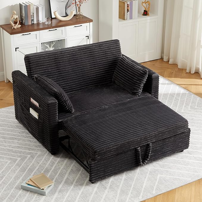 Loveseat Sleeper Sofa Bed 55'' Pull Out Couch with Adjustable Backrest Charging Station and Side Pockets Corduroy Couches for Living Room Bedroom and Apartment Dark Grey