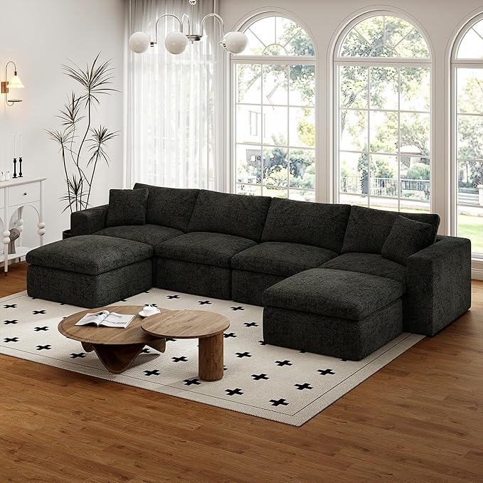 151'' 6 Seater Memory Foam Couch with Ottoman Modular Sectional Sofa for Living Room Boneless Couch Sectional with Memory Foam No Assembly Big Couch Set Black | Ergonomic Bolster