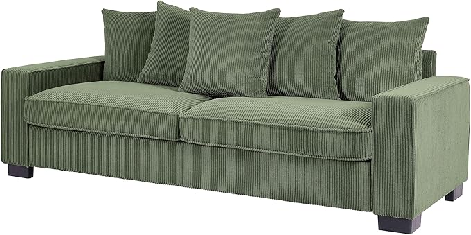Luxe Corduroy Sofa with 5 Matching Toss Pillows Sleek Design Spacious and Comfortable 3 Seater Couch for Modern Living Room 88 Wide Dark Green