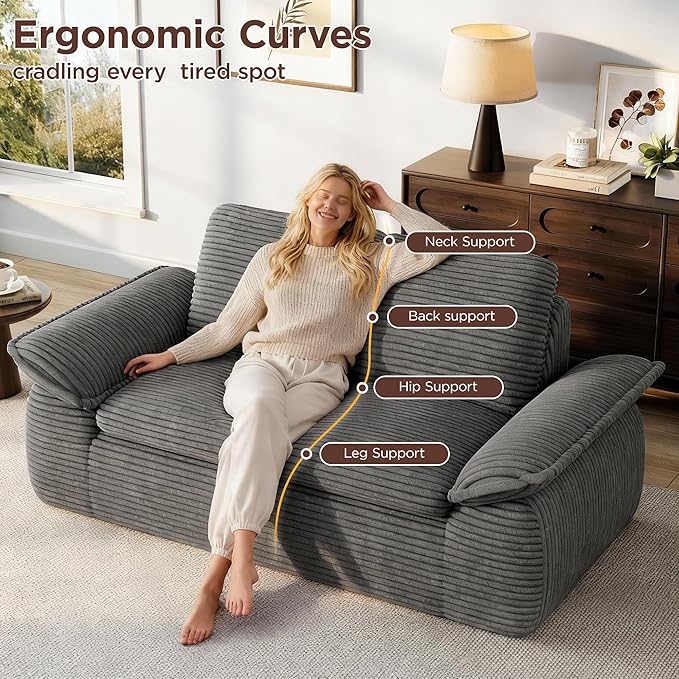 71 Cloud Boneless Couch Loveseat Sofa with Deep Seat Memory Foam Small 2 Seater Corduroy Couch in A Box No Assembly Compressed Sofa for Living Room Bedroom Apartment Dark Grey