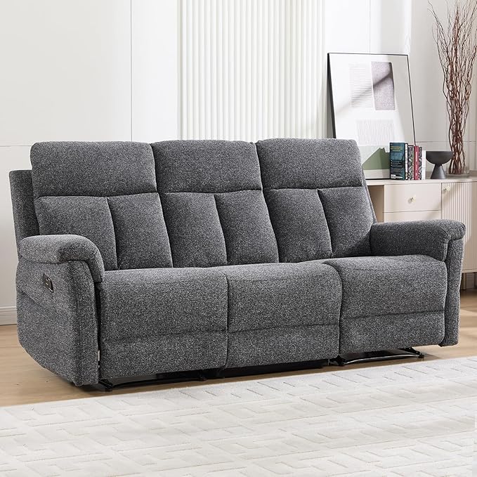 Manual Reclining Sofa 3 Seat Soft Fabric Recliner Couch for Adults with Overstuffed Arms and Back Sofa Recliner for Living Room (Dark Gray)
