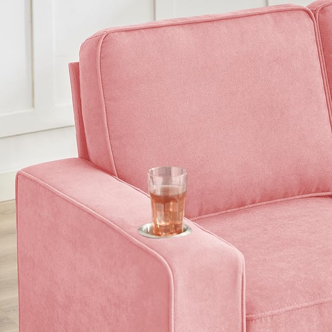 Ball &amp Cast 84 Snowfleece Sofa - Modern 3-Seater Sleeper Couch with 2 CupholdersCouches for Living Room Bedroom Office Apartment Easy Assembly Pink