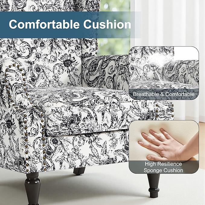Wingback Chair High Back Floral Accent Chair in Fabric Comfy Upholstered Armchair with Nailhead Trim for Living Room Single Sofa Reading Chair for Small Spaces Bedroom-Rococo Black