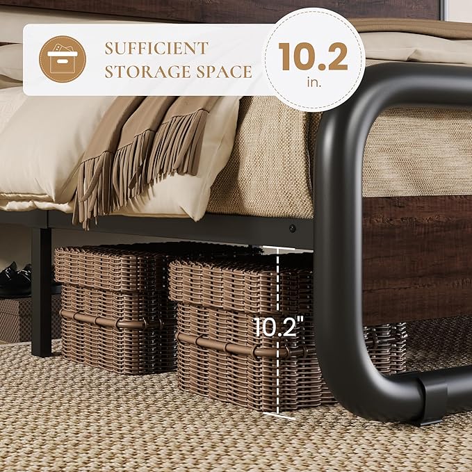 SHA CERLIN King Size Metal Bed Frame with Wooden Headboard and Footboard Heavy Duty Platform Bed Frame with 10 Under-Bed Storage Noise-Free No Box Spring Needed Mahogany
