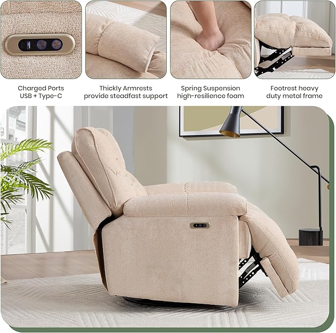 Oversized Rocker Recliner Chair 42” Power Swivel Recliner for Living Room Overstuffed Extra Wide Rocking Recliners with Breathable Soft Fabric Up to 400lbs(Power Beige)