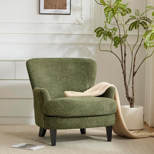 Christopher Knight Home Colby Boucle Upholstered Club Chair Living Room Accent Chair Wooden Frame Flared Armrest Plush Thick Cushion Reading Lounge Chair Space-Saving Furniture Olive Green