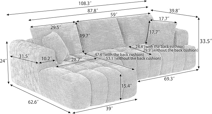 108 L-Shaped Modular Sectional Sofa Chenille Modern Boneless Compression Couch Deep Seat Sofa with Left Chaise Lounge and Pillows for Living Room Bedroom Dark Blue