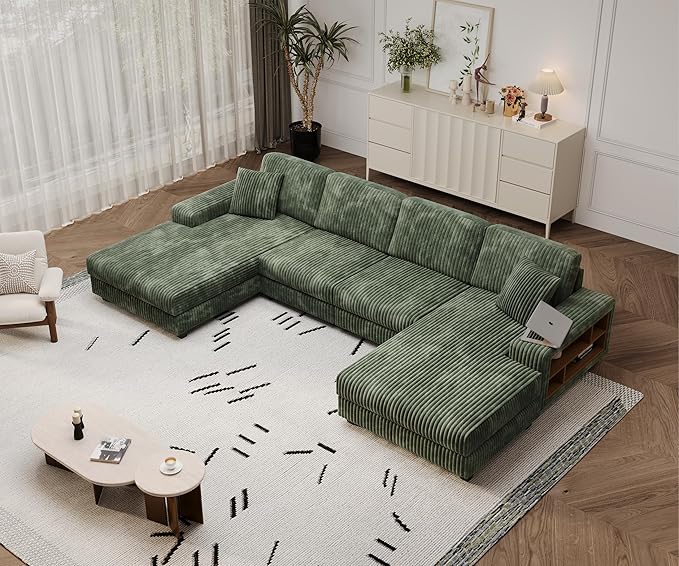 137” Oversized Corduroy Sectional Sleeper Sofa with Double Storage Chaise U Shaped 4 Seat Sectional CouchGreen