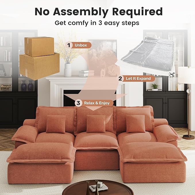 Modular Sectional Sofa 107'' Boneless Couches for Living Room 5-Seat Sofa with 2 Ottomans Cloud U Shaped Couch No Assembly Required Chenille Mahogany