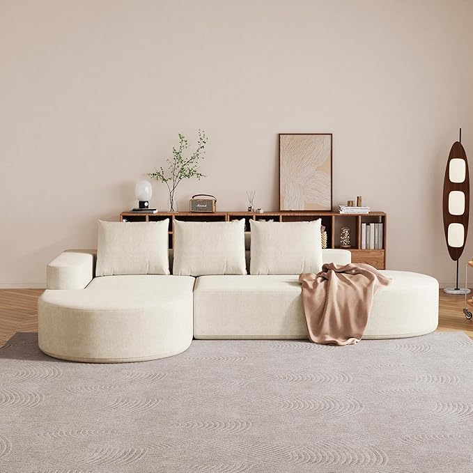 KEIKI 108.5 L Shaped Corner Couch with Chaise Curved Sectional Sofa Upholstered Chenille Sectional Couch for Living Room Bedroom Beige
