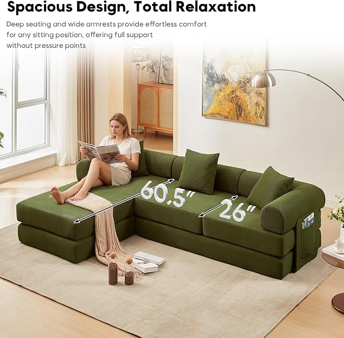 L Shaped Modular Sofa Bed with Cylindrical Pillow &amp Reversible Chaise Corduroy Folding Floor Convertible Sofa Couch Bed with Fixed-Shape Frame &amp Storage Pocket for Living Room Green