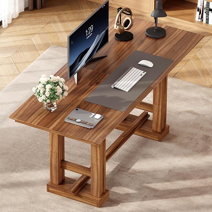 DWVO 70 Inch Computer Desk Large Executive Office Table Workstation Modern Farmhouse Style Laptop Wooden Sturdy Legs Writing Desk Business Furniture for Home Dark Walnut