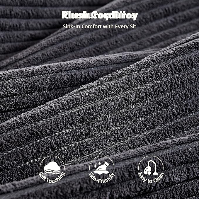 67x48 Oversized Chaise Lounge Chair Indoor Upholstered Sofa Bed with Plush Faux Fur Sleeper Couch Reading Chair Fluffy Cloud Sofa for Living Room Corduroy Black