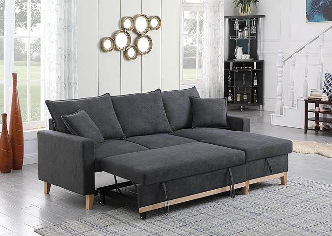 Lilola Home Colton 84.25 W Dark Gray Woven Fabric Reversible Sleeper Sectional Sofa with Pull-Out Bed and Storage Chaise – Modern L-Shaped Couch for Living Room or Apartment