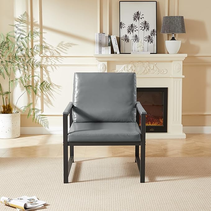 PVC Artificial Leather Armchair Retro Leisure Accent Chair with Extra Soft Padded Cushion Metal Armrests Modern Reading Arm Chair with Black Metal e for Living RoomOfficeBedroomStudy Gray