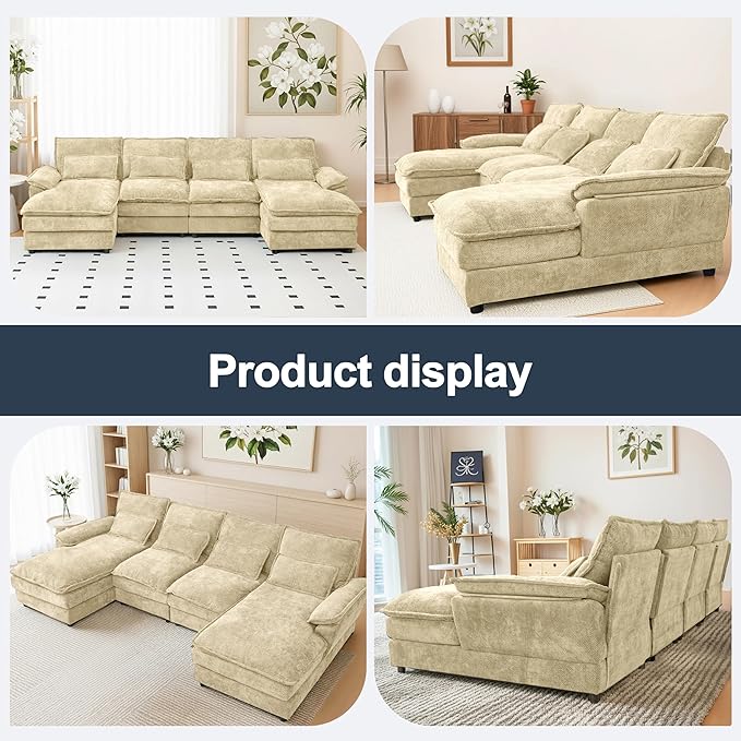 110 U Shape Sectional Sofa Cloud Couch for Living Room Upholstery Comfy Modular Sofas 4 Seat Chenille U-Shaped Sleeper Sofa with Chaise Lounge Pillows for Apartments Kakhi