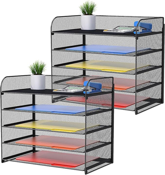 2 Pack Legal/A4/Letter Size Desk Paper Organizer Desktop File Organizer Document Sorter 5 Tier Mesh Letter Tray File Folder Holder Office Accessories Organization