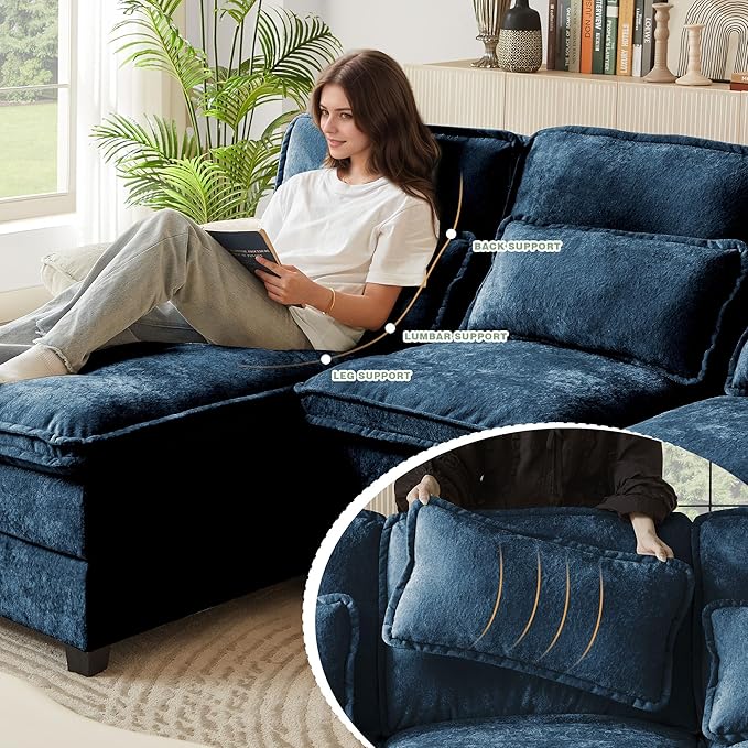 112 Modular Sectional Sofa U Shaped Comfy Cloud Couch with Double Chaise and Padded Armrests Modern Deep Seat Sectional Couches for Living Room Apartment Office Dark Blue