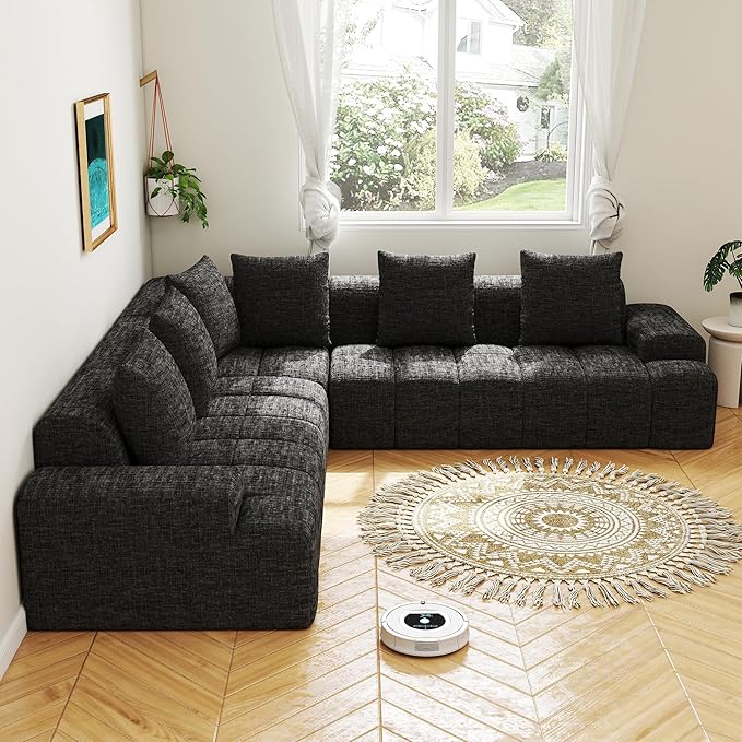 Cloud Modular Sectional Sofa Couch 108 V Shaped Chenille Fabric Memory Foam Sofa 5 Seater with 6 Pillows Firm Cushions for Living Room ApartmentBlack