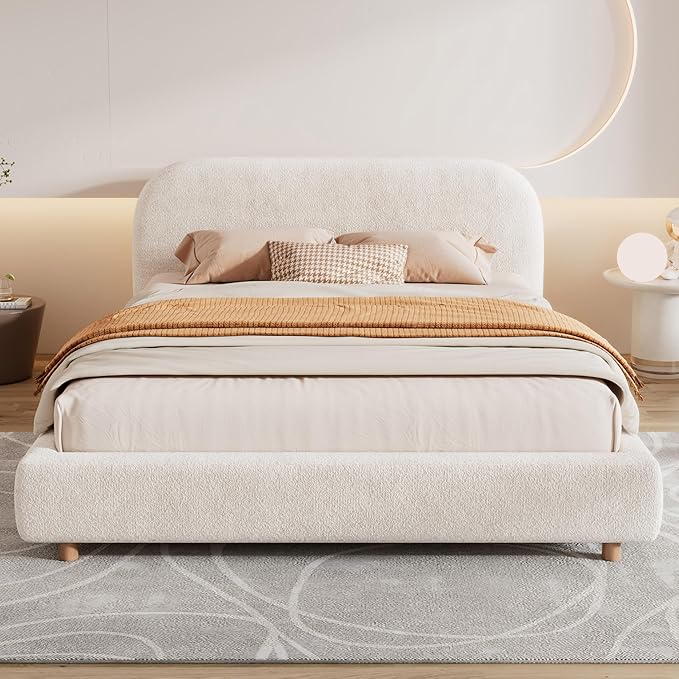 Merax Queen Size Teddy Fleece Thick Fabric Upholstered Platform Bed with Curved Shaped Headboard Wood Bed Frame with Solid Round Legs for Kids Teens Adults White