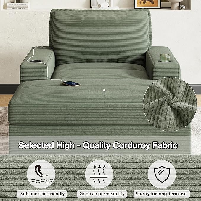 42.8 Oversized Chaise Lounge Chair with Storage Ottoman Corduroy Sofa Bed with Cup Holders &amp USB Charging Port Upholstered Sleeper Chair for Living Room Bedroom Green