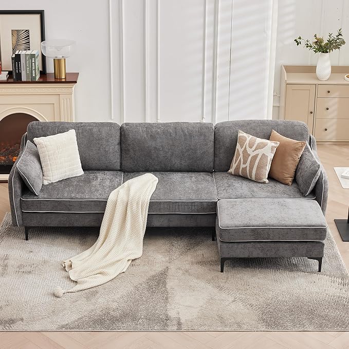 LSSBOUGHT 110 Sectional SofaL Shaped Sofa with Movable Ottoman Chenille Fabric 3 Seat Modern Couches for Living Room Apartment and Small Space (Gray)