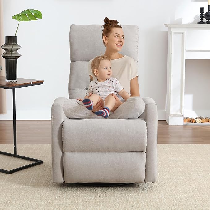 360° Swivel Rocking Chair for Nursery Manual Glider Chair Nursing Chair with Side Pockets Polyester Glider for Living Room Heavy Duty Motion Mechanism Light Gray
