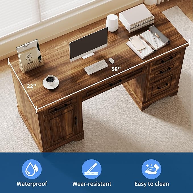 Garvee Farmhouse Executive Office Desk Set – 58 Spacious Wooden Computer Table with Keyboard Tray File Cabinet Storage Drawers – Ideal for Home Office Bedroom or Living Room – Wood Color