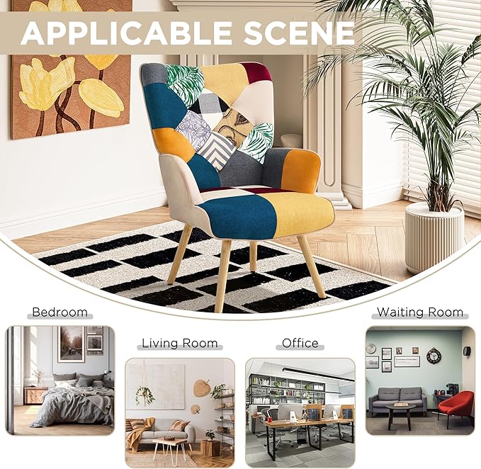 Accent Chair Living Room Chair Modern High Back Armchair Colorful Patchwork Reading Chairs for Bedroom Lounge Chair with Linen Fabric Shell and Solid Wood Feets (1 Colorful)
