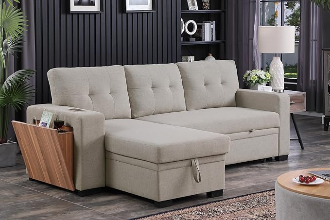 Ball &amp Cast Sectional Sleeper Sofa BedL-Shape Pull Out Couch4 in 1 Pull-Out Sofabed W/Reversible Storage ChaiseUSB Ports &amp Cup HolderConvertible Sleeper Corner Couch W/Pull Out Bedfor Liv
